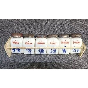 Vintage Milk Glass Spice Jars Shakers w/wood Rack Dutch Theme set 6
